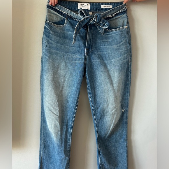 Frame Le High Straight Tie Waist Jeans Raw Hem High Rise Ankle Med Wash - Picture 2 of 3
